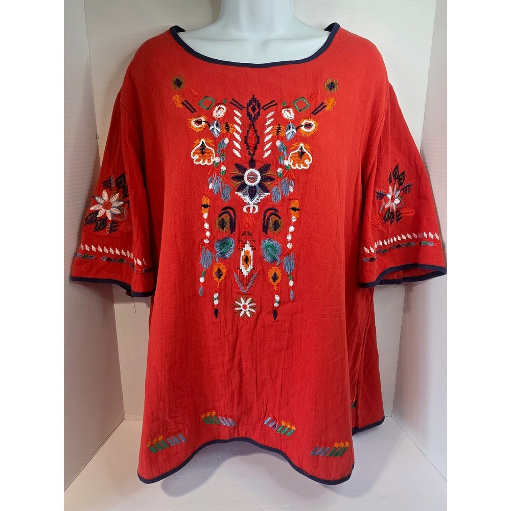 Boho Embroidered Red Cotton Linen Tunic Top Plus Size 3XL Short Sleeve Blouse